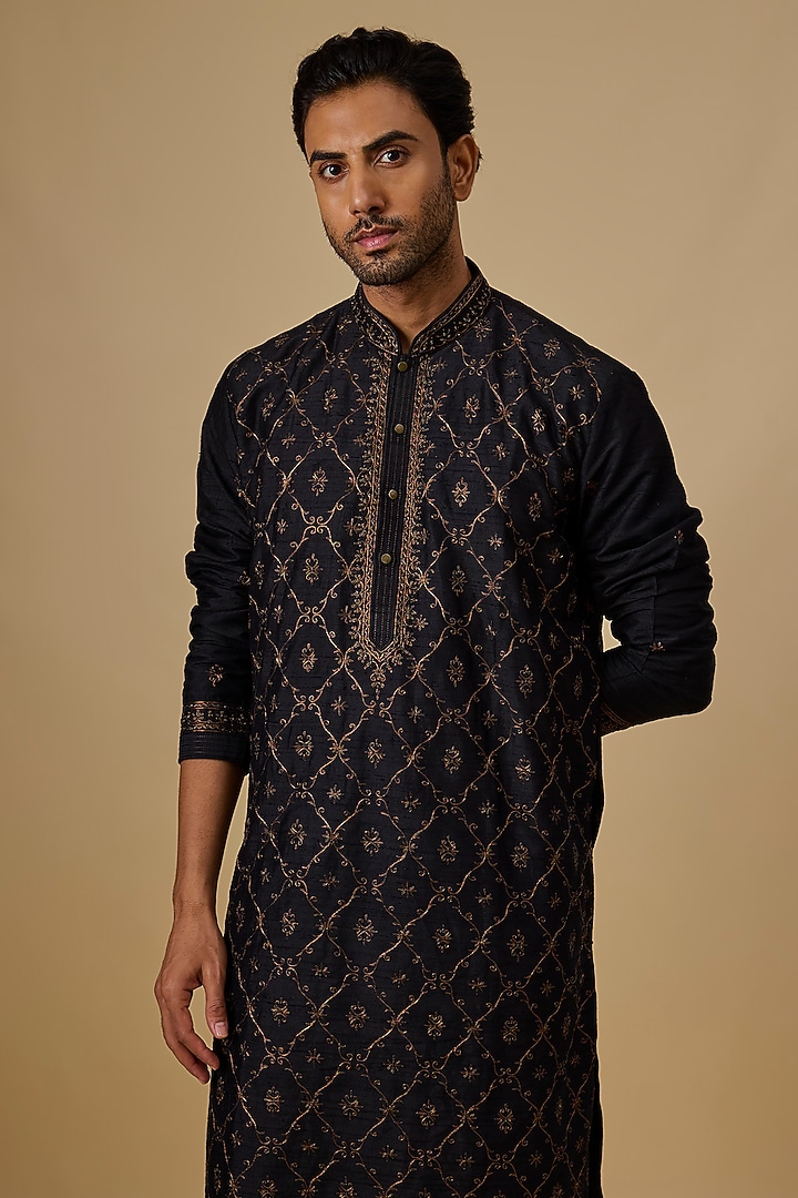 Black Silk Kurta Set by Vanshik at Pernia's Pop Up Shop