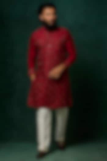 Ruby-Colored Silk Tilla Jaal Embroidered Kurta Set by Vanshik