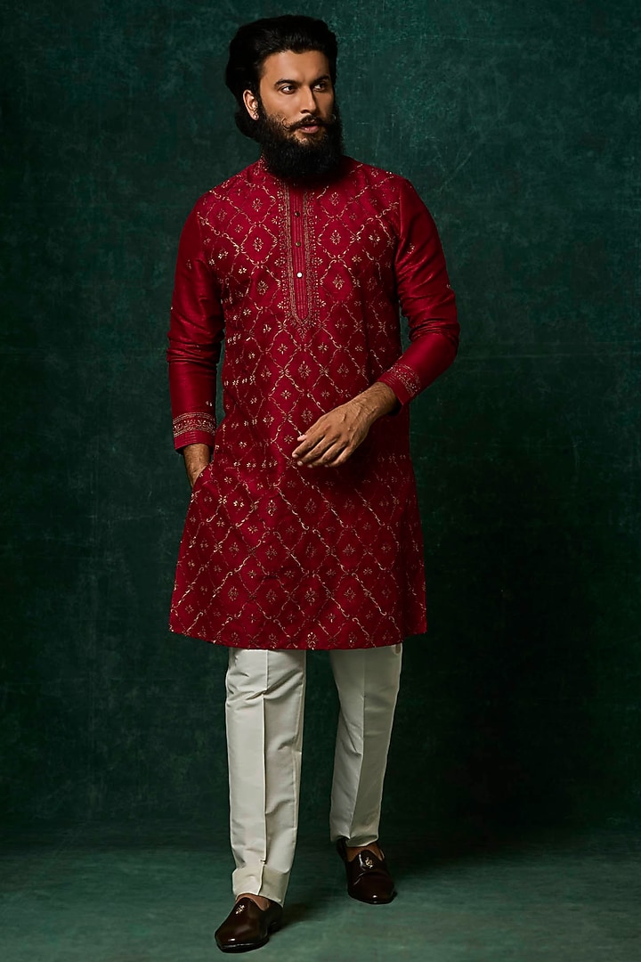 Ruby-Colored Silk Tilla Jaal Embroidered Kurta Set by Vanshik