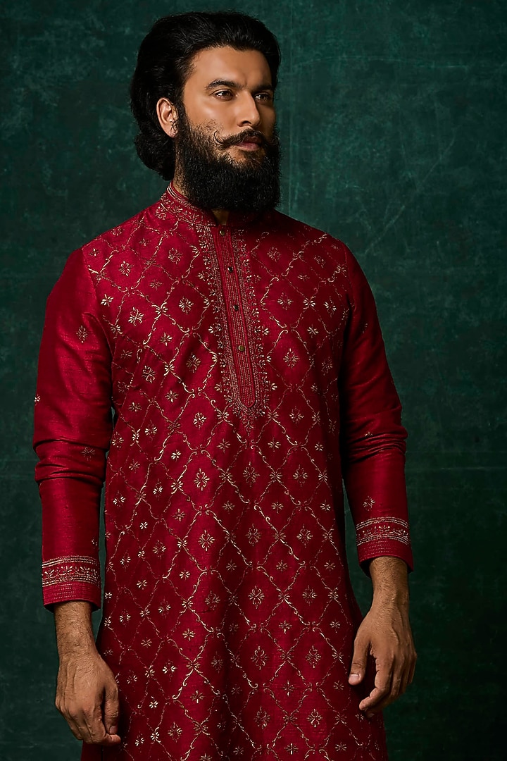 Ruby-Colored Silk Tilla Jaal Embroidered Kurta Set by Vanshik at Pernia's Pop Up Shop