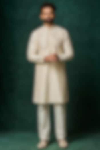 Pearl-Colored Raw Silk Embroidered Kurta Set by Vanshik
