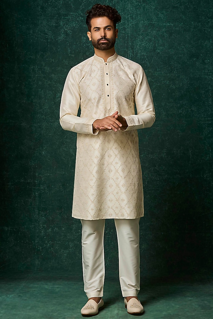 Pearl-Colored Raw Silk Embroidered Kurta Set by Vanshik