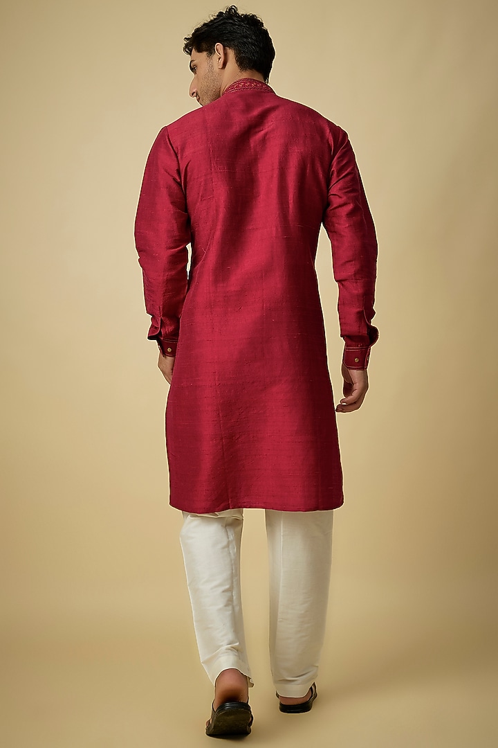 Ruby-Colored Raw Silk Kantha Embroidered Kurta Set by Vanshik at Pernia's Pop Up Shop