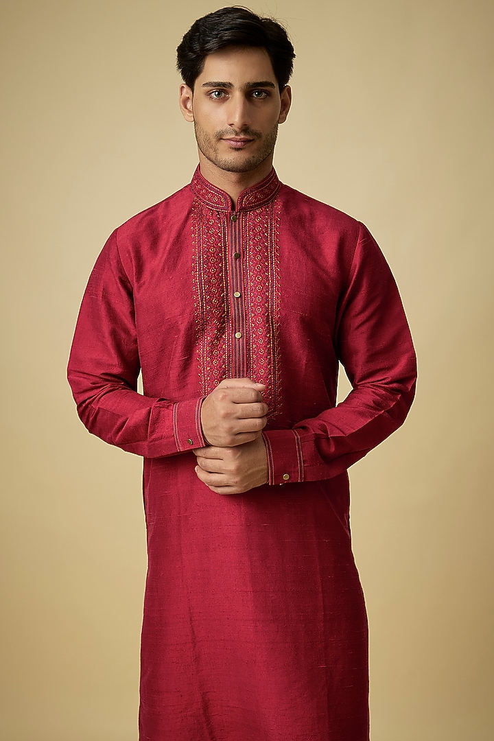 Ruby-Colored Raw Silk Kantha Embroidered Kurta Set by Vanshik at Pernia's Pop Up Shop