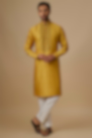 Yellow Silk Embroidered Kurta Set by Vanshik