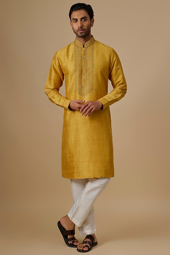 Yellow Silk Embroidered Kurta Set by Vanshik