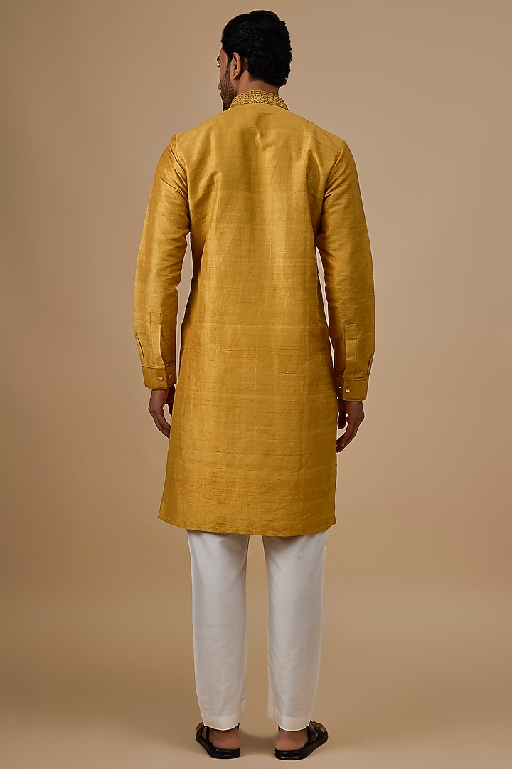 Yellow Raw Silk Kantha Embroidered Kurta Set by Vanshik at Pernia's Pop Up Shop