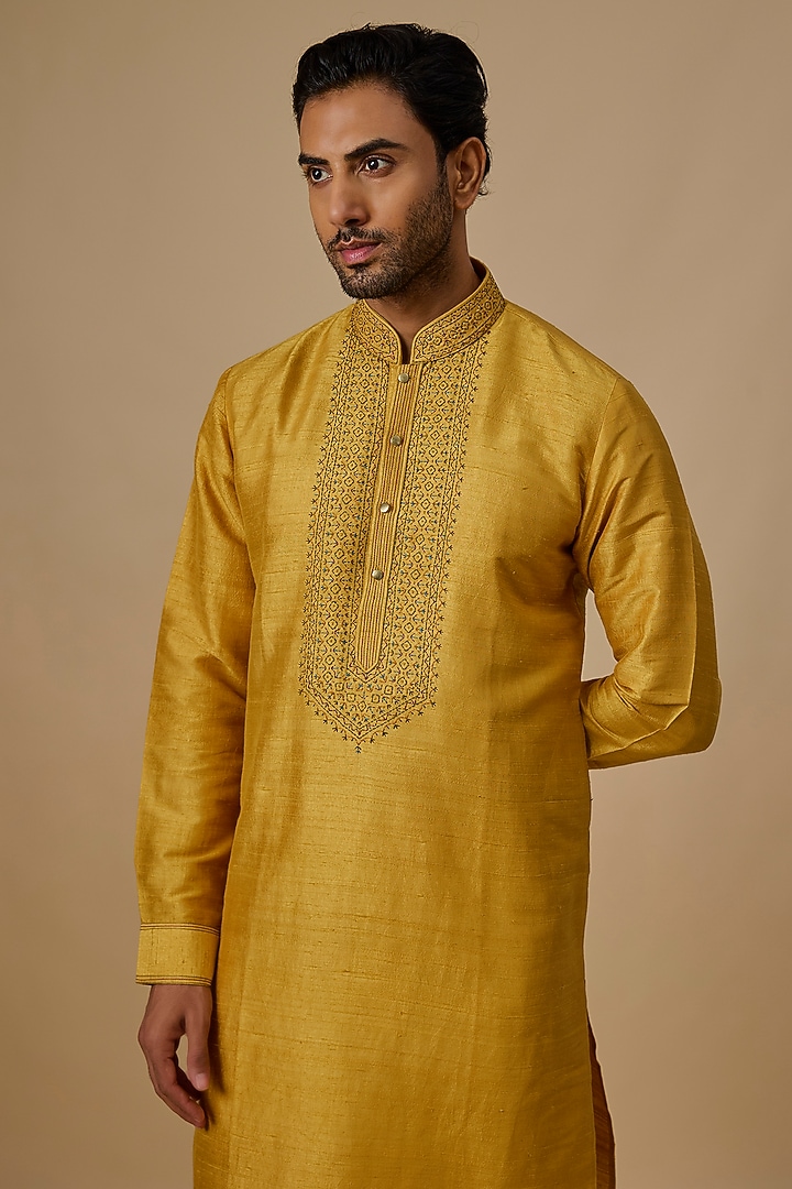 Yellow Raw Silk Kantha Embroidered Kurta Set by Vanshik at Pernia's Pop Up Shop