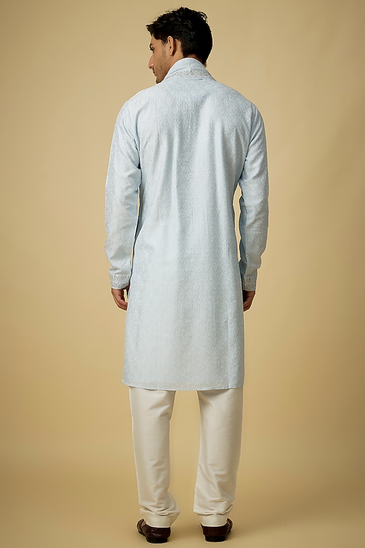 Aqua Silk Pearl Embroidered Kurta Set by Vanshik at Pernia's Pop Up Shop