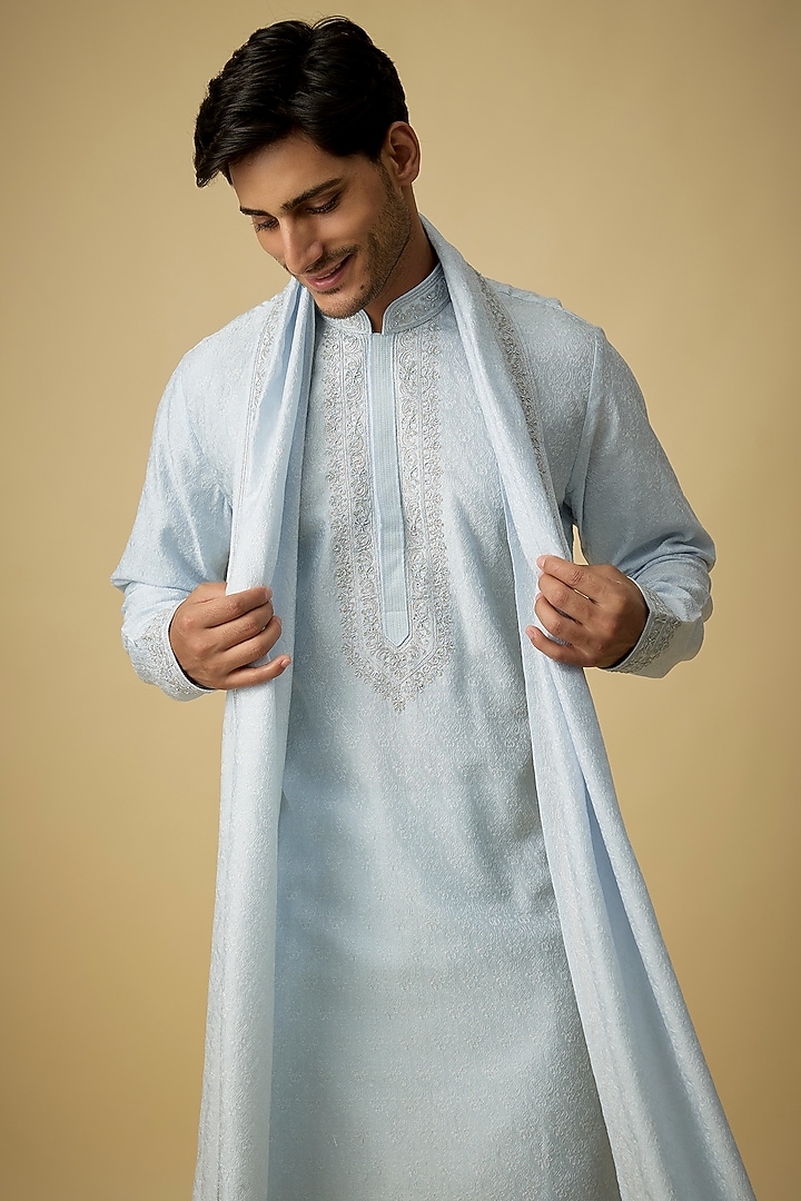 Aqua Silk Pearl Embroidered Kurta Set by Vanshik at Pernia's Pop Up Shop