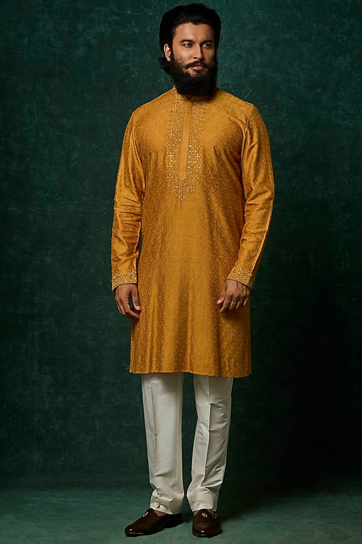 Mustard Silk Mirror Work Kurta Set by Vanshik at Pernia's Pop Up Shop