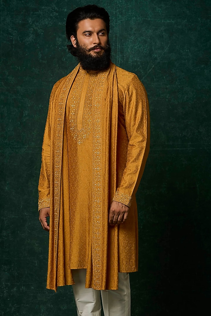 Mustard Silk Mirror Work Kurta Set by Vanshik at Pernia's Pop Up Shop