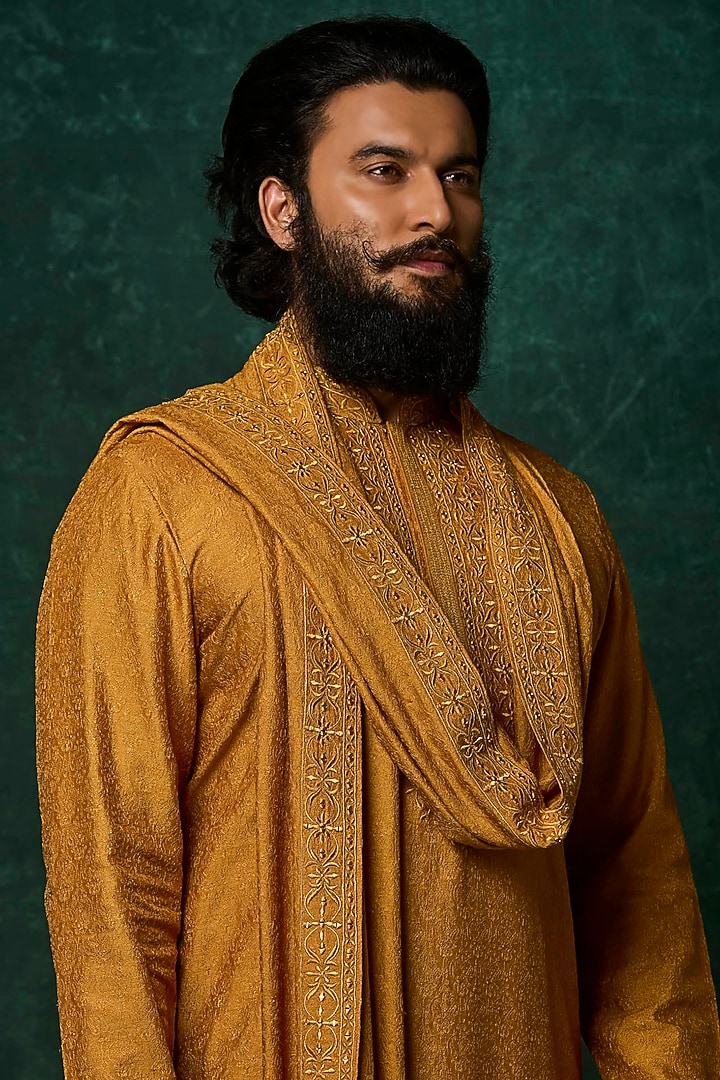 Mustard Silk Mirror Work Kurta Set by Vanshik at Pernia's Pop Up Shop