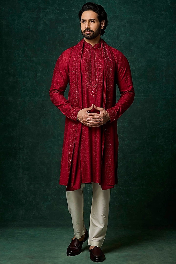 Ruby Silk Mirror Work Kurta Set by Vanshik