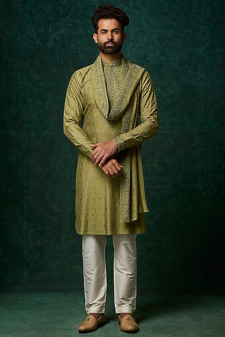 Olive Silk Mirror Work Kurta Set by Vanshik