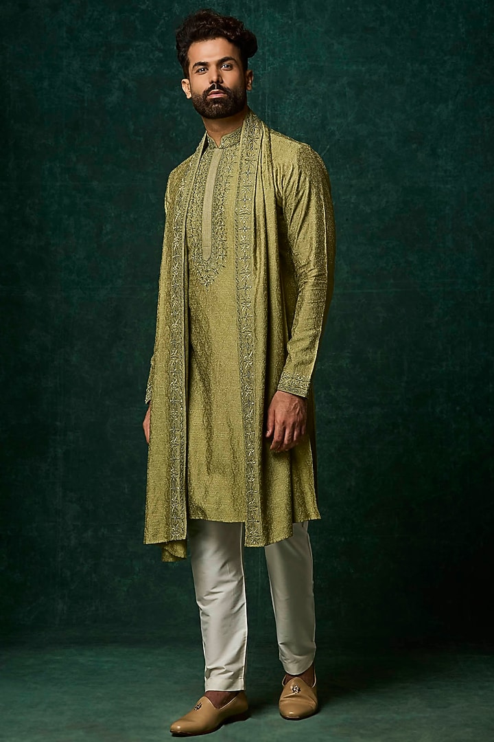Olive Silk Mirror Work Kurta Set by Vanshik at Pernia's Pop Up Shop
