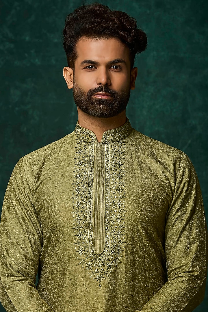 Olive Silk Mirror Work Kurta Set by Vanshik at Pernia's Pop Up Shop