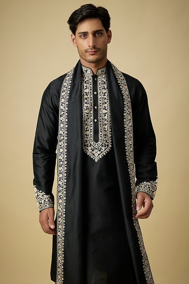 Black Silk Kurta Set by Vanshik at Pernia's Pop Up Shop