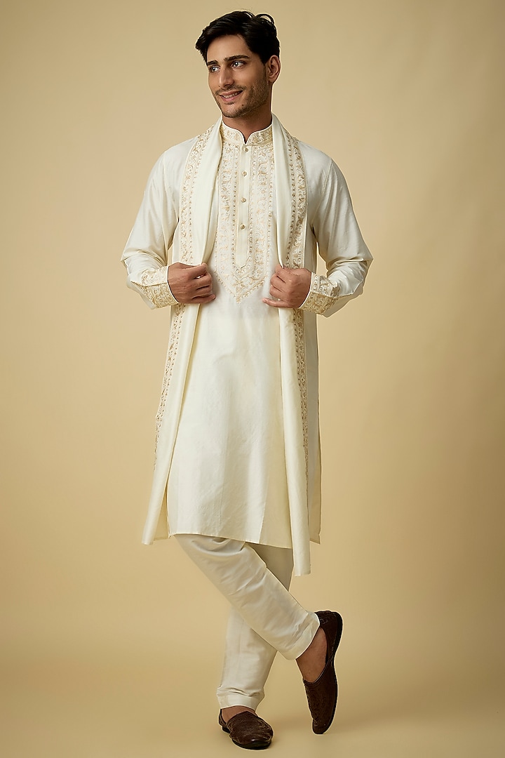 Cream Silk Kurta Set by Vanshik