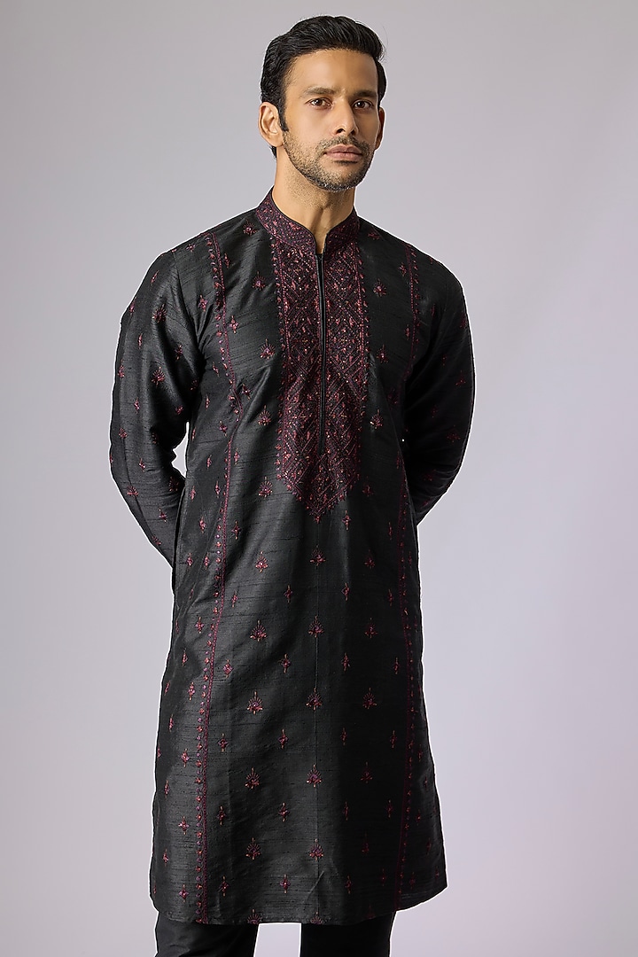 Black Silk Kurta Set by Vanshik at Pernia's Pop Up Shop