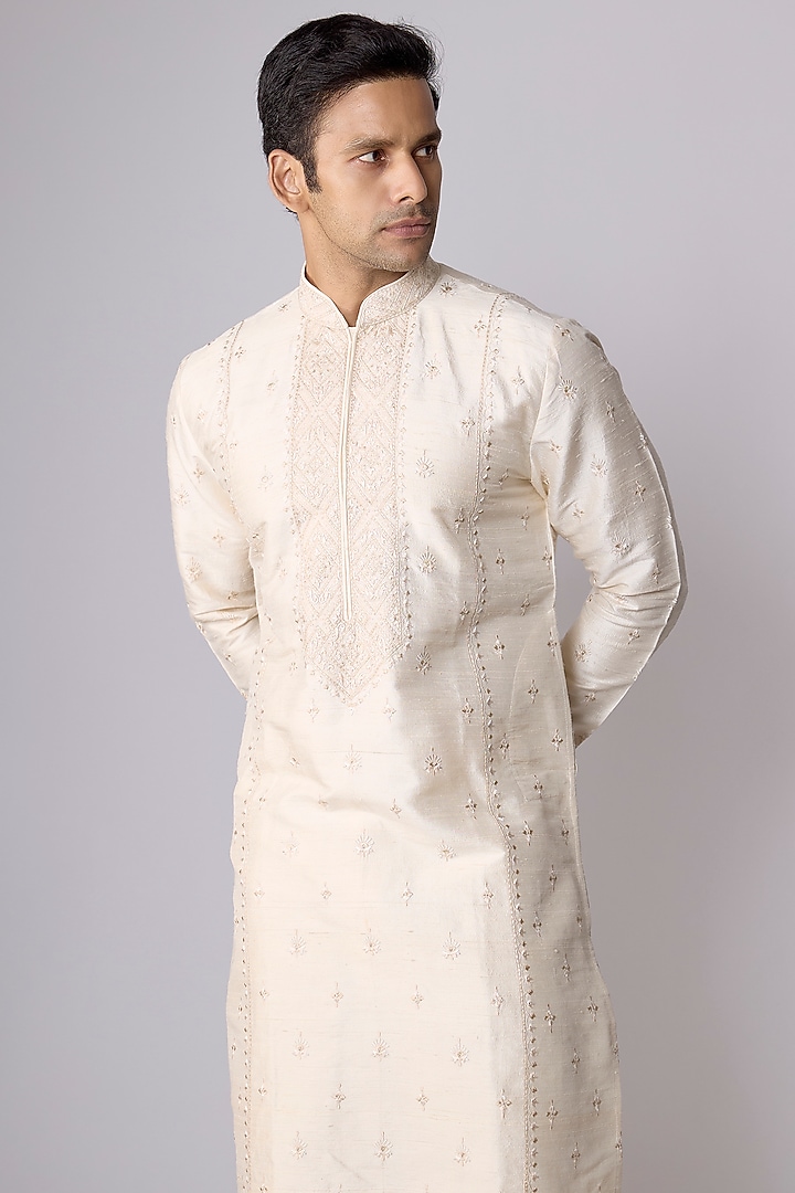 Pearl White Silk Kurta Set by Vanshik at Pernia's Pop Up Shop