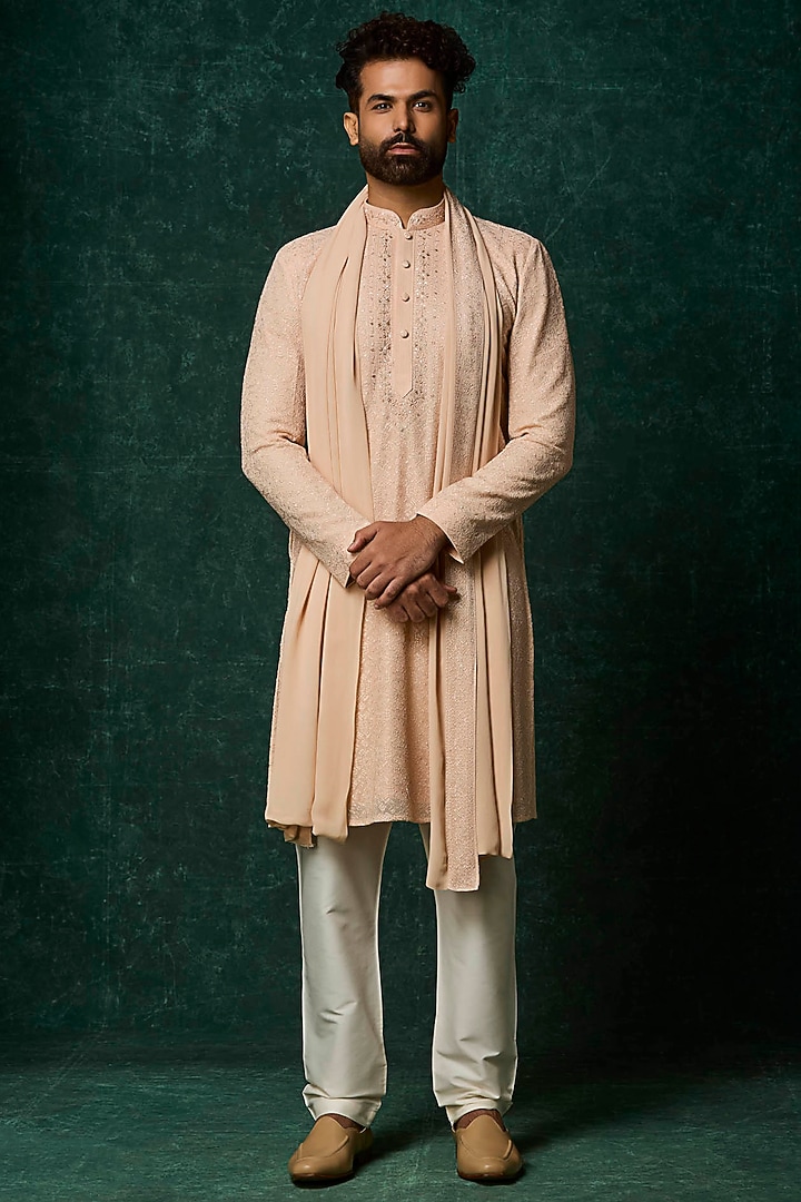 Blush Georgette Pearl Embroidered Kurta Set by Vanshik