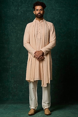 Blush Georgette Pearl Embroidered Kurta Set by Vanshik