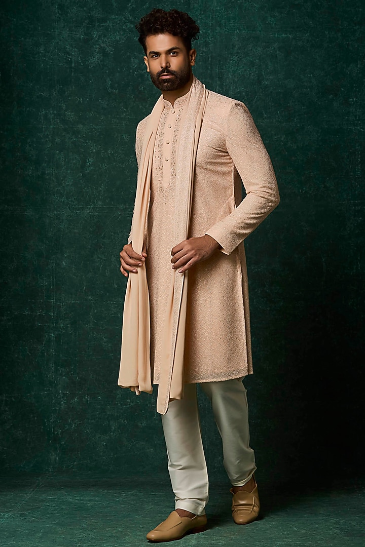 Blush Georgette Pearl Embroidered Kurta Set by Vanshik at Pernia's Pop Up Shop