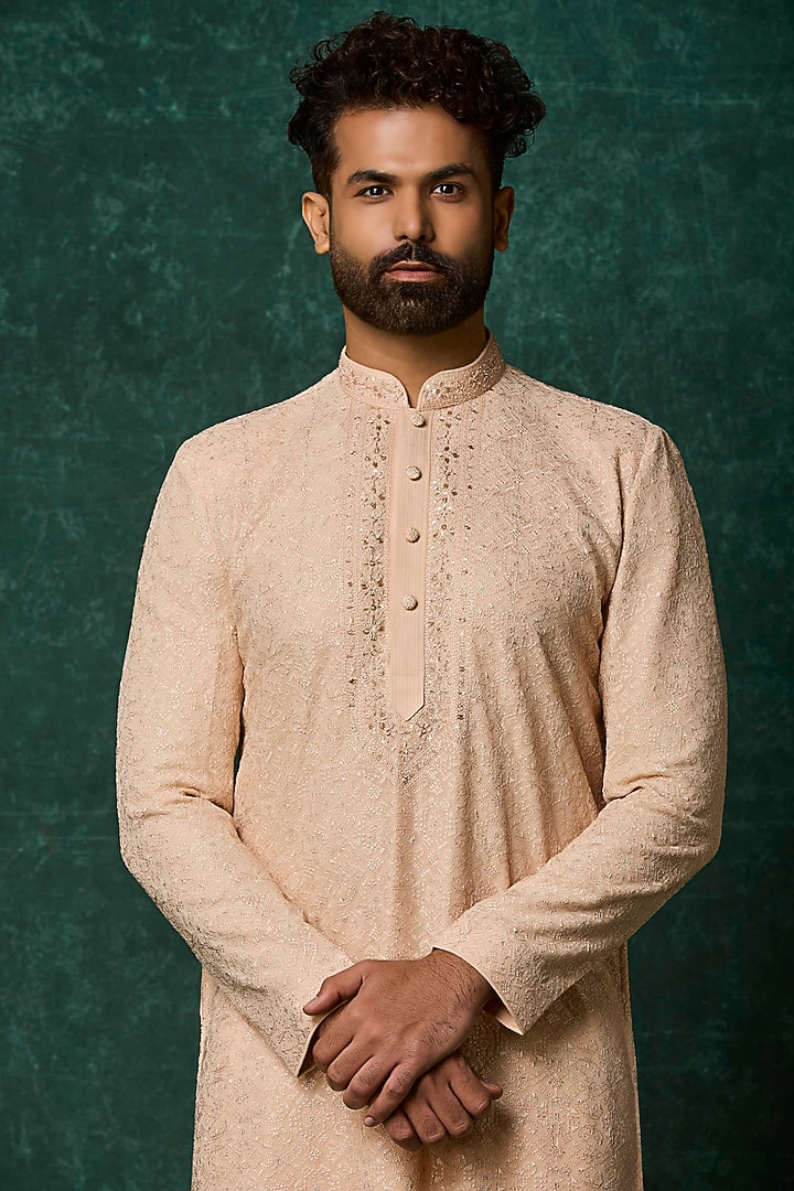 Blush Georgette Pearl Embroidered Kurta Set by Vanshik at Pernia's Pop Up Shop