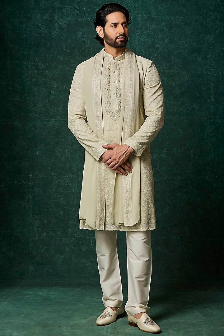 Mint Georgette Pearl Embroidered Kurta Set by Vanshik