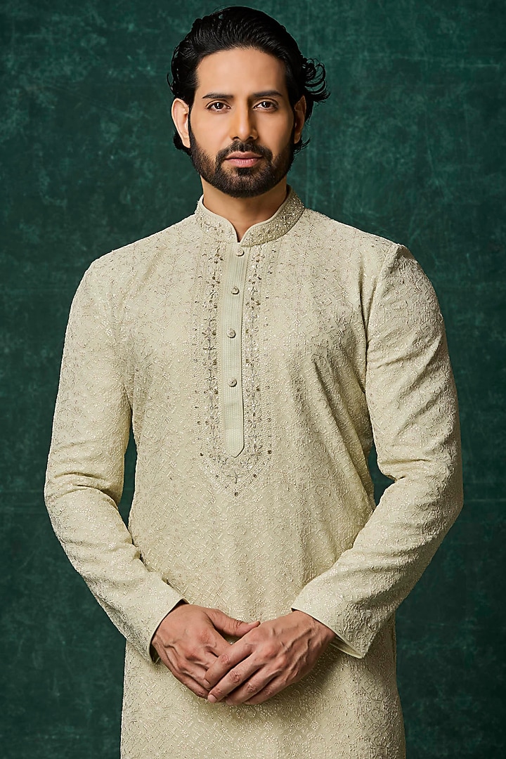 Mint Georgette Pearl Embroidered Kurta Set by Vanshik at Pernia's Pop Up Shop