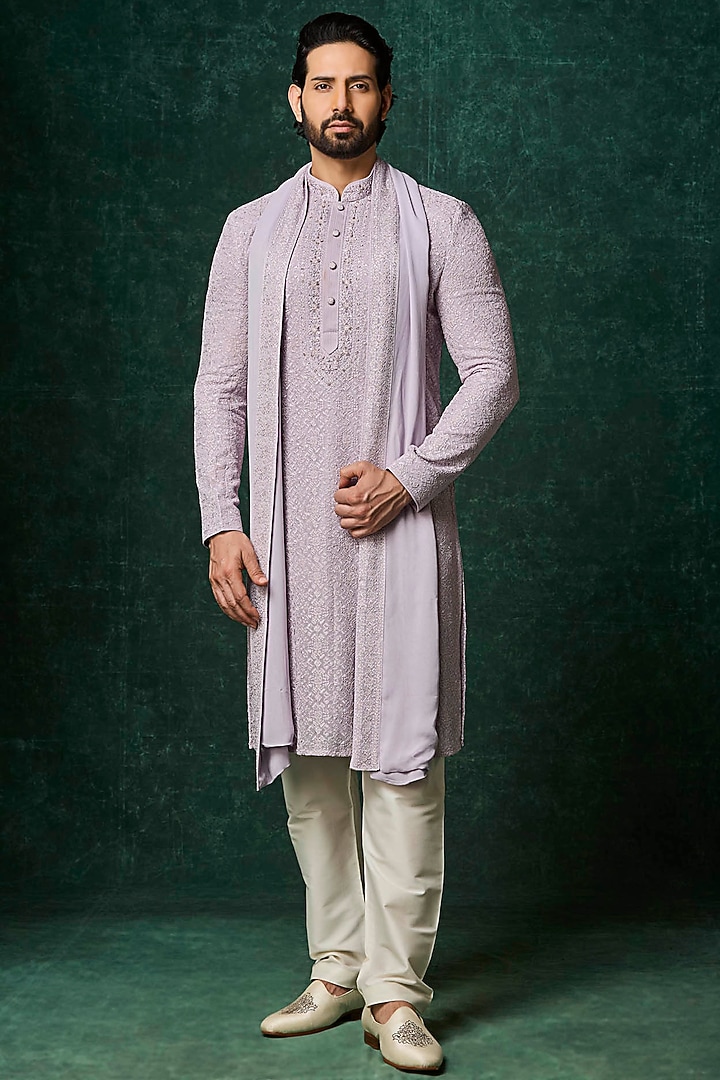 Lilac Georgette Pearl Embroidered Kurta Set by Vanshik