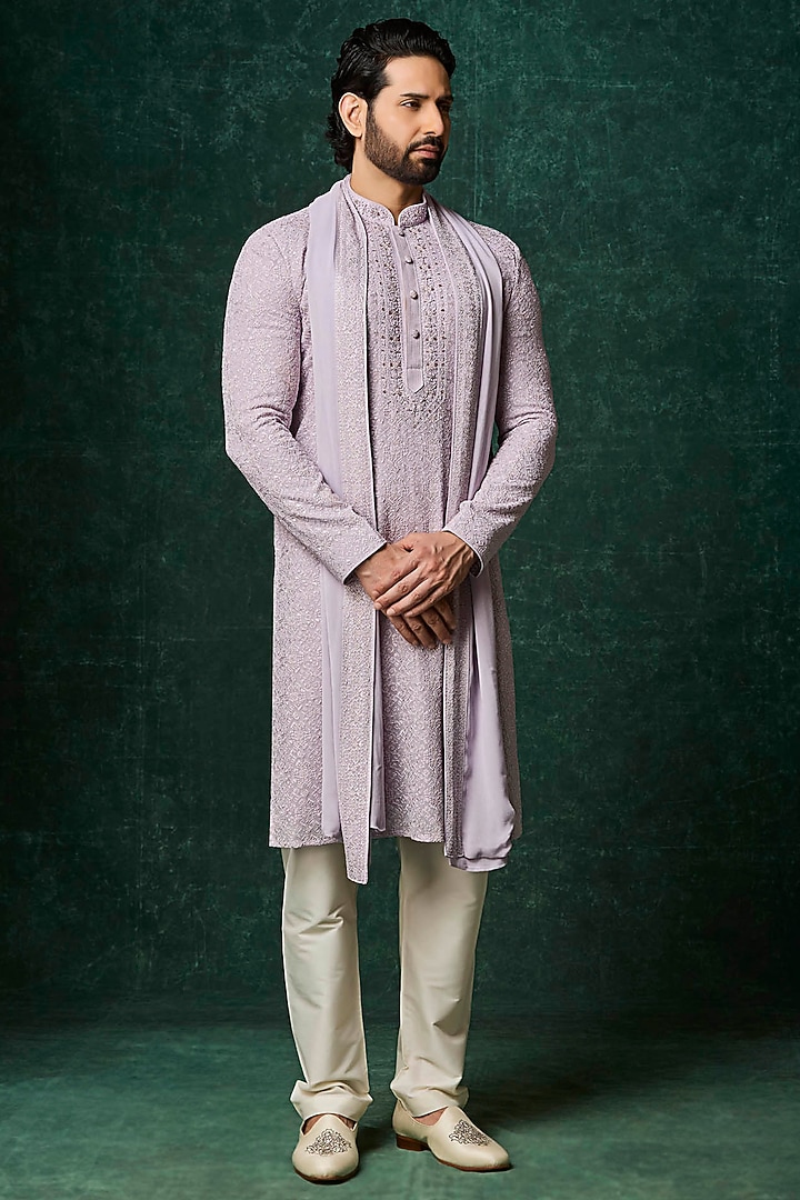 Lilac Georgette Pearl Embroidered Kurta Set by Vanshik at Pernia's Pop Up Shop