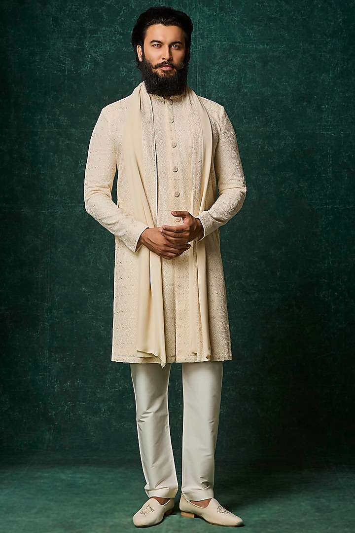 Pearl-Colored Georgette Pearl Embroidered Kurta Set by Vanshik