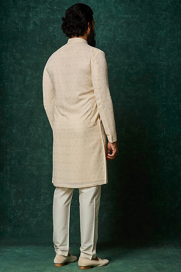 Pearl-Colored Georgette Pearl Embroidered Kurta Set by Vanshik at Pernia's Pop Up Shop