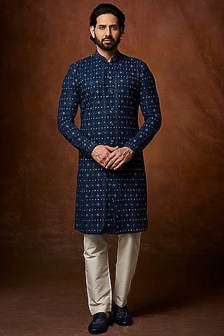 Teal Georgette Pearl Embroidered Kurta Set by Vanshik