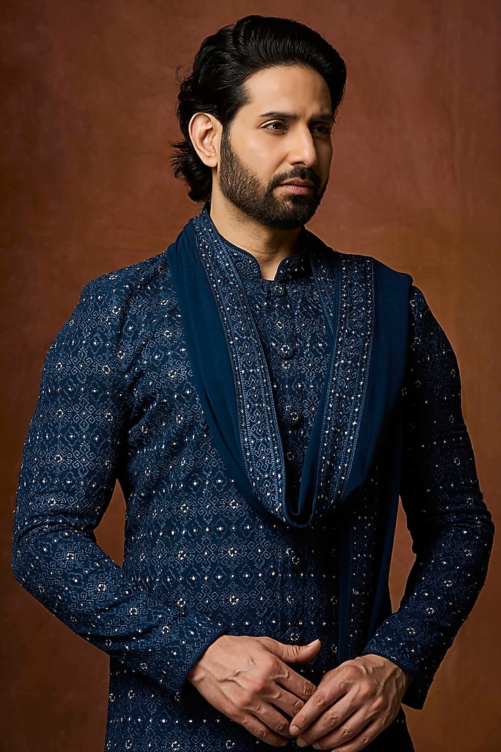 Teal Georgette Pearl Embroidered Kurta Set by Vanshik at Pernia's Pop Up Shop