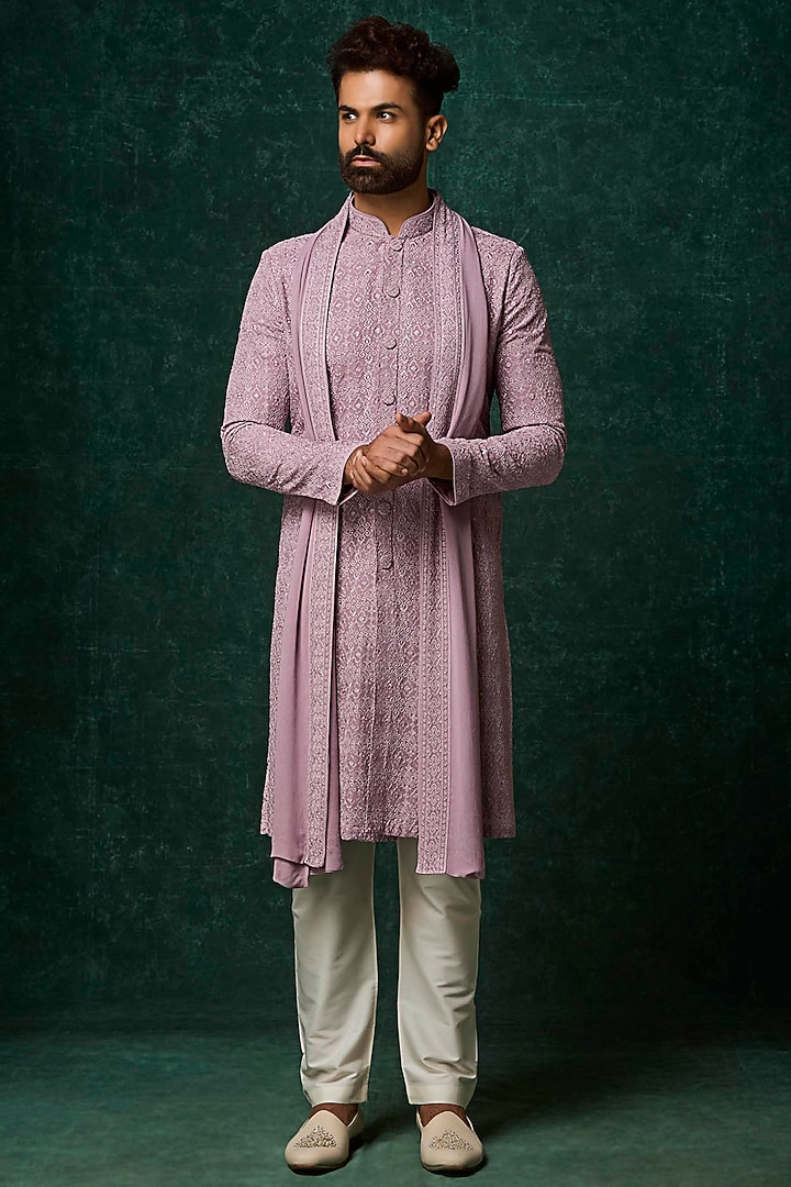 Lilac Georgette Pearl Embroidered Kurta Set by Vanshik