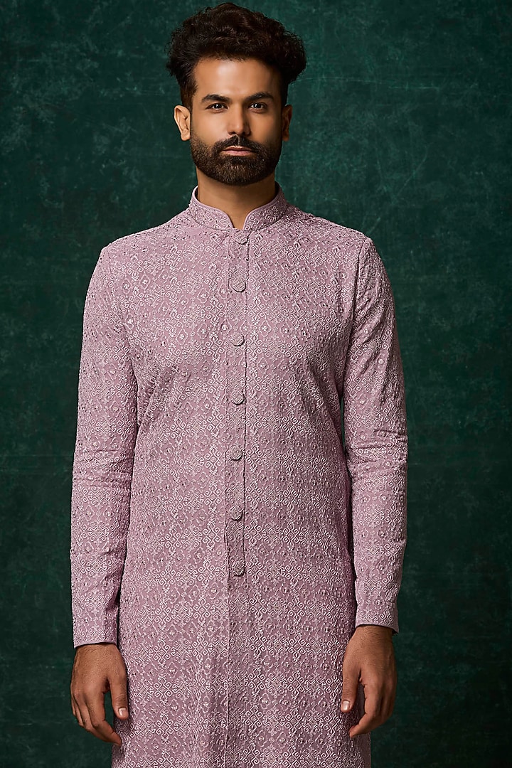 Lilac Georgette Pearl Embroidered Kurta Set by Vanshik at Pernia's Pop Up Shop