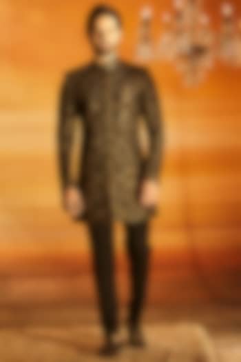 Black Raw Silk Tilla Embroidered Groom Indowestern Set by Vanshik at Pernia's Pop Up Shop