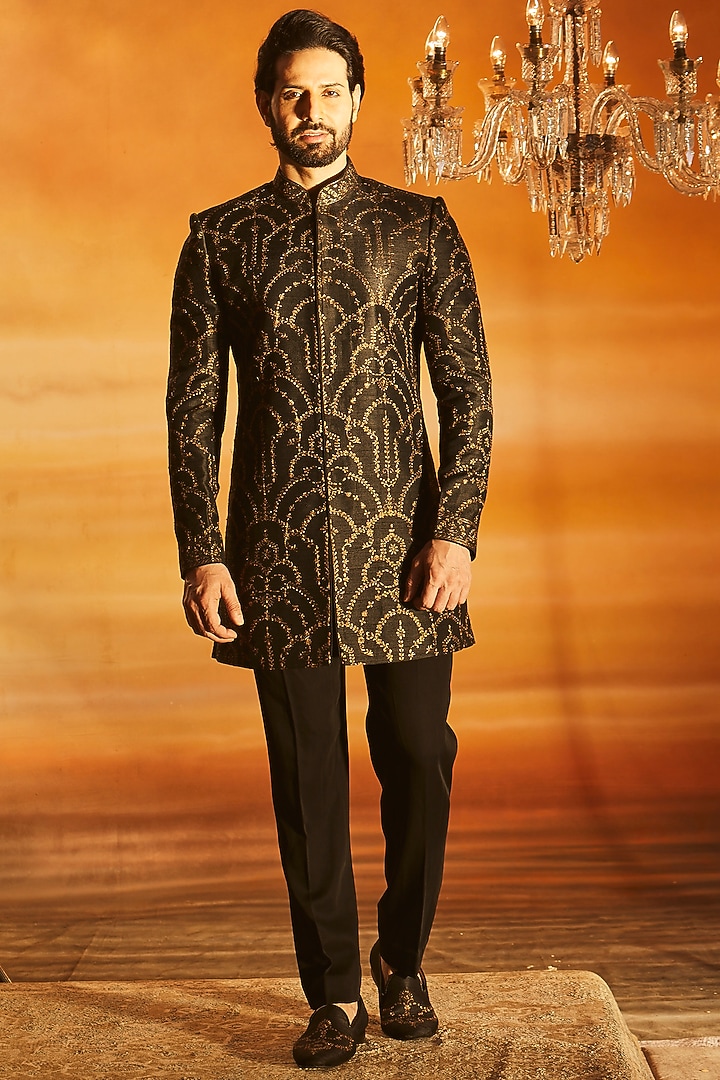 Black Raw Silk Tilla Embroidered Groom Indowestern Set by Vanshik at Pernia's Pop Up Shop