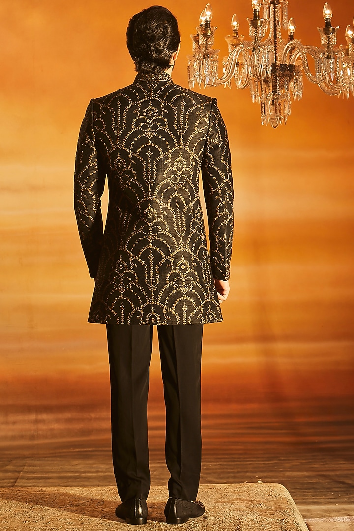 Black Raw Silk Tilla Embroidered Groom Indowestern Set by Vanshik at Pernia's Pop Up Shop
