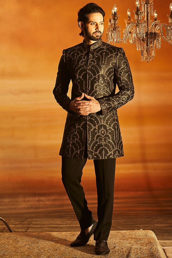 Black Raw Silk Tilla Embroidered Groom Indowestern Set by Vanshik at Pernia's Pop Up Shop