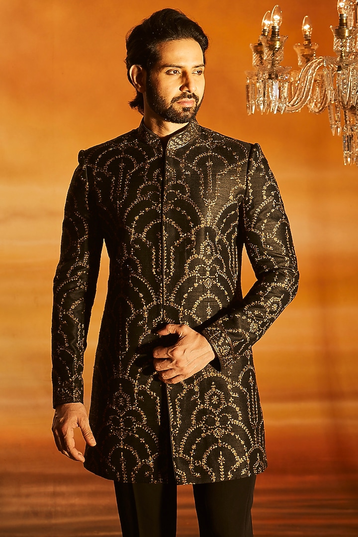 Black Raw Silk Tilla Embroidered Groom Indowestern Set by Vanshik at Pernia's Pop Up Shop
