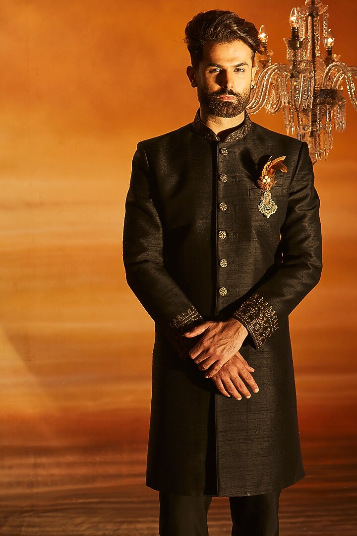 Black Raw Silk Tilla Embroidered Wedding Sherwani Set by Vanshik at Pernia's Pop Up Shop