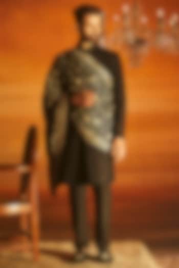 Black Pashmina Silk Hand Embroidered Sherwani Set by Vanshik