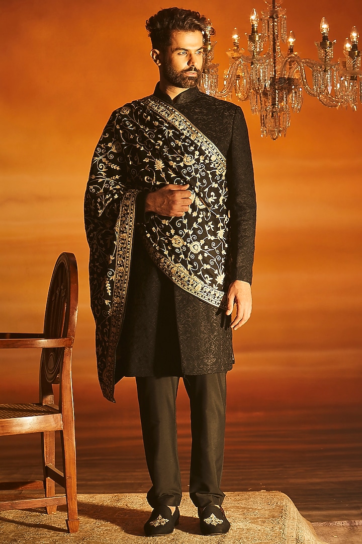 Black Pashmina Silk Hand Embroidered Sherwani Set by Vanshik