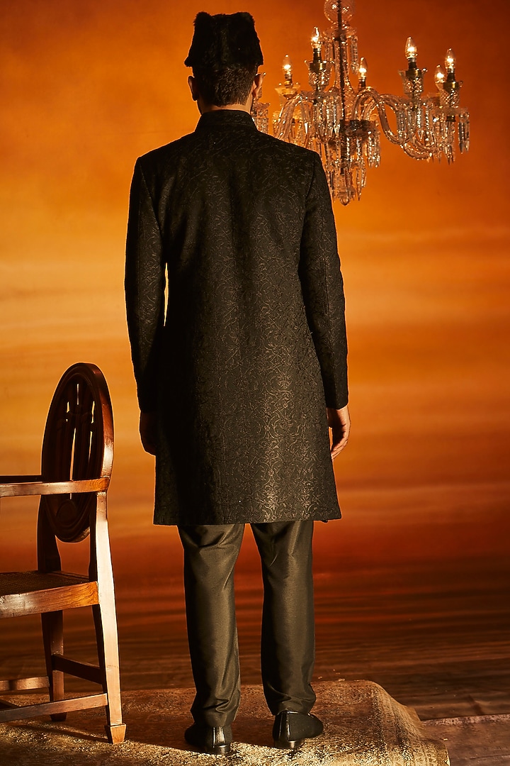 Black Pashmina Silk Hand Embroidered Groom Sherwani Set by Vanshik at Pernia's Pop Up Shop