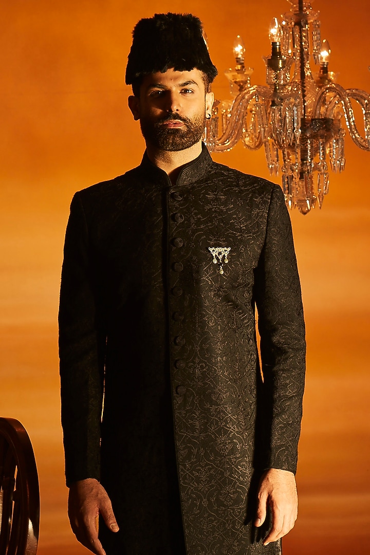 Black Pashmina Silk Hand Embroidered Groom Sherwani Set by Vanshik at Pernia's Pop Up Shop