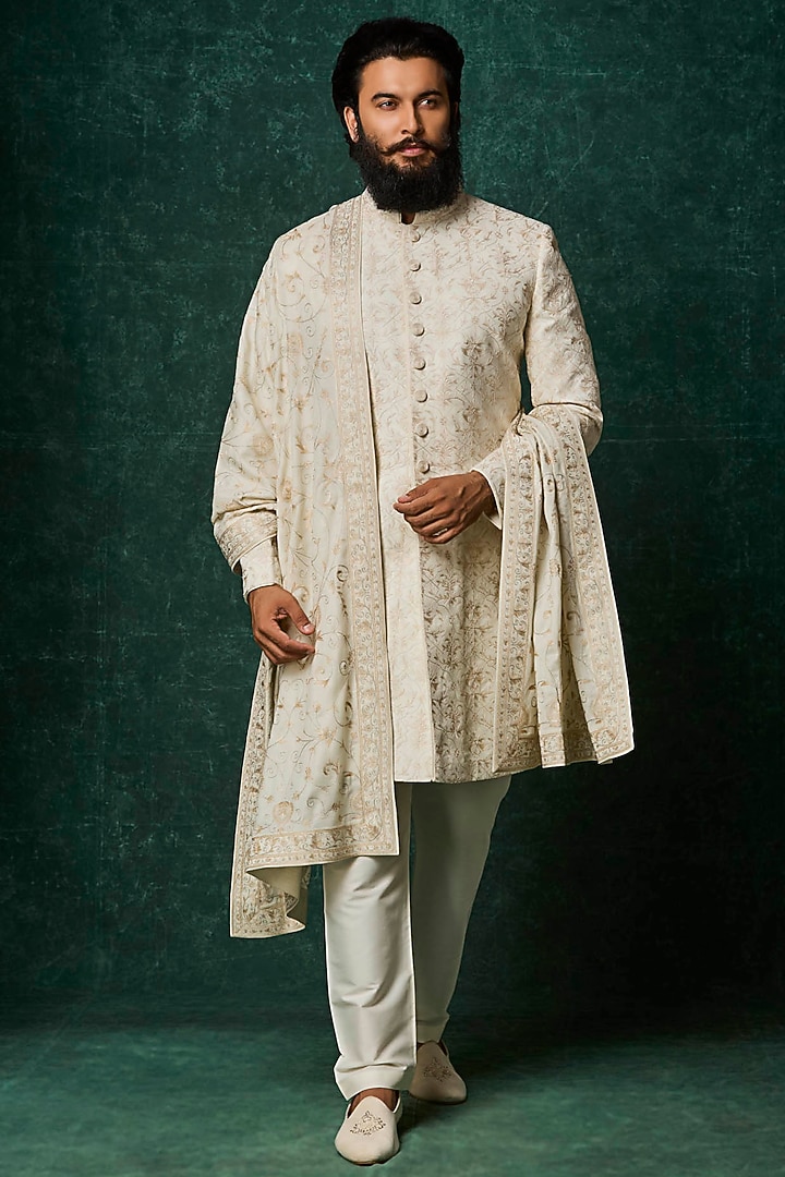 Pearl-Colored Silk Kashmiri Jaal Embroidered Groom Sherwani Set by Vanshik at Pernia's Pop Up Shop